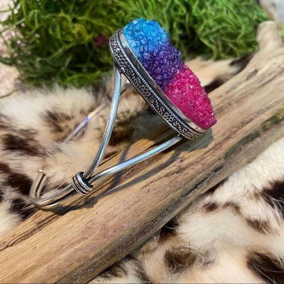 Titanium Druzy Gemstone Sterling Silver Cuff Boho Bracelet - Picture 6 of 7